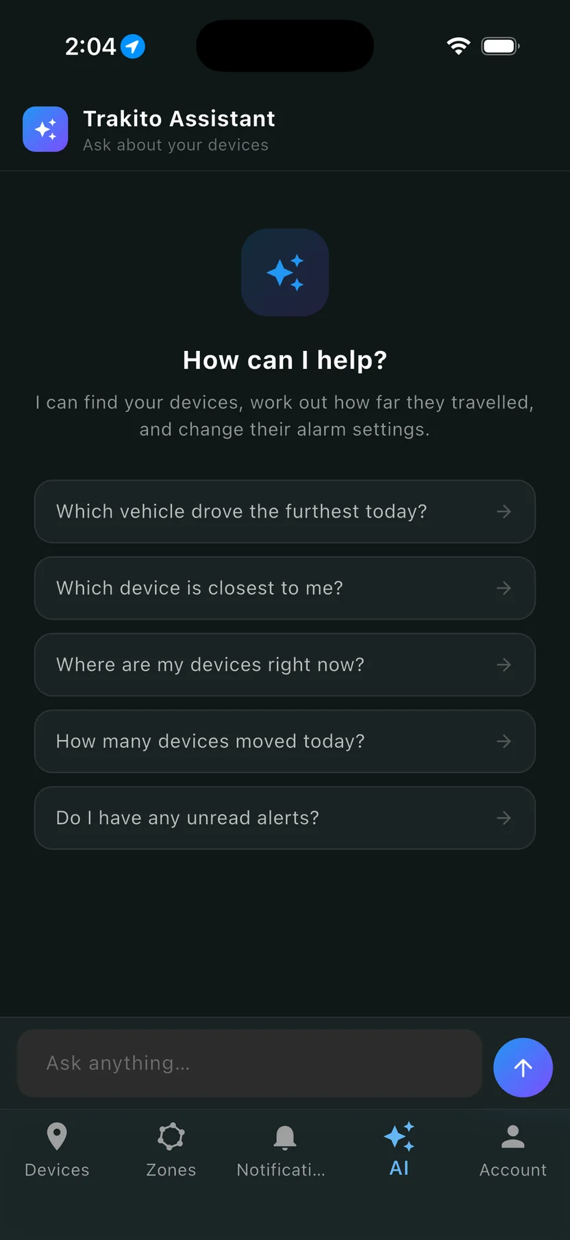 TRAKITO AI Assistant in the TRAKITO app