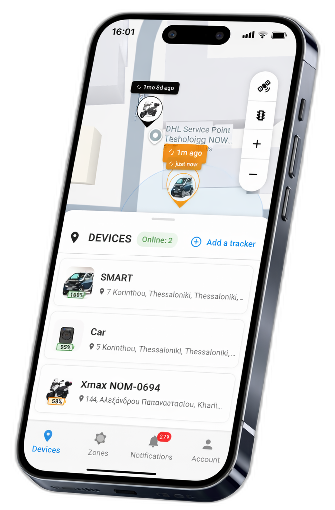TRAKITO mobile app interface showing GPS tracking on iPhone